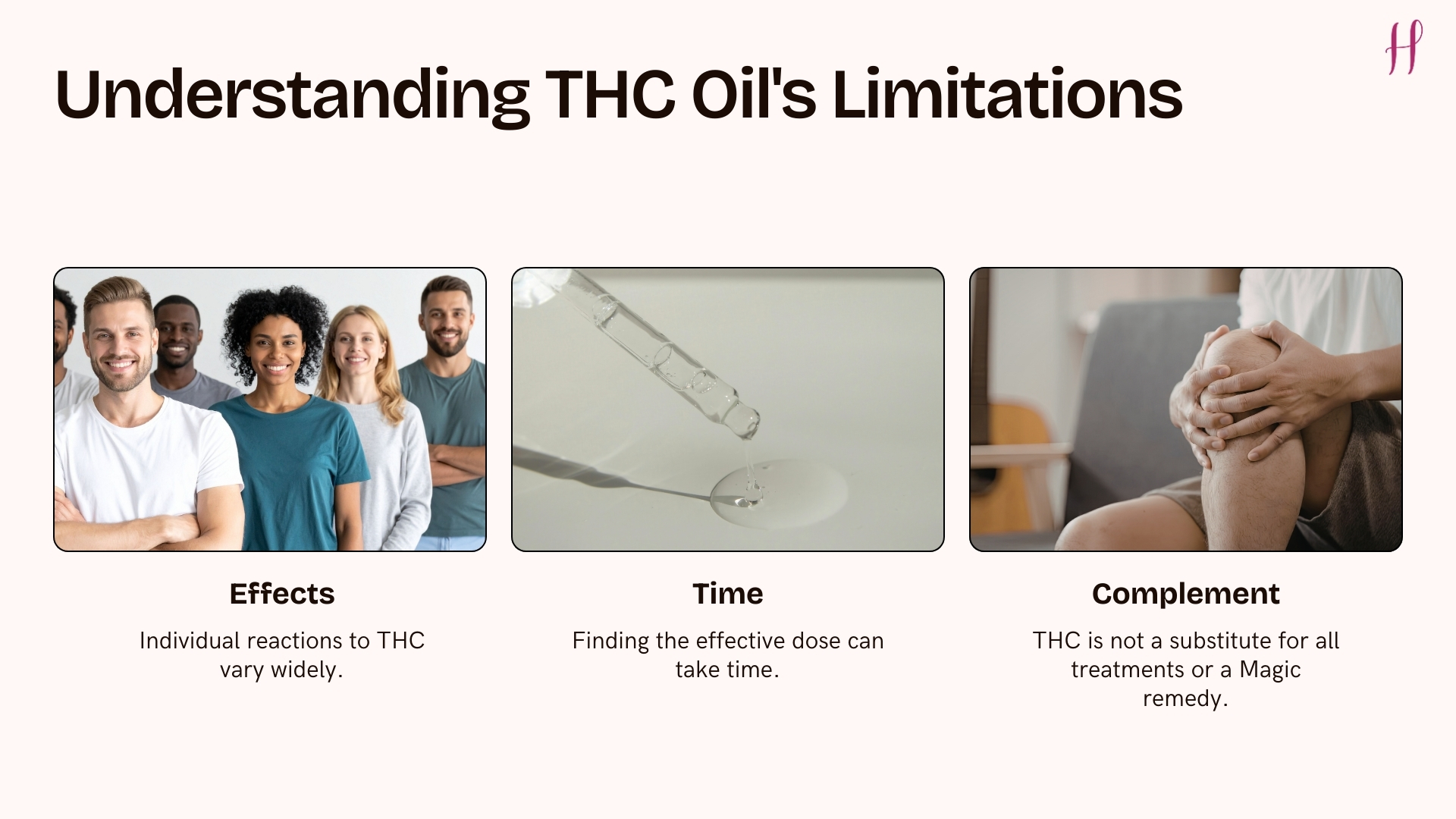 THC Oil’s Limitations showing three panels: effects vary, dosing takes time, not a cure-all.